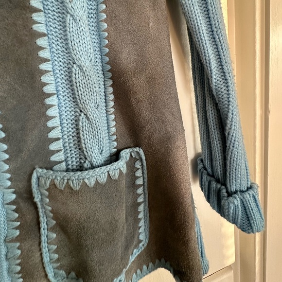 VINTAGE 70s Suede Patch Button Up Knit Sweater - Picture 2 of 9